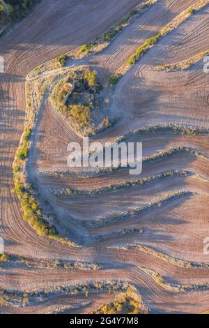 Luftaufnahme einiger Felder mit Frost in Navàs, bei einem Winteraufgang (Bages, Barcelona, Katalonien, Spanien) ESP: Vista aérea de unos campos con escarcha Stockfoto