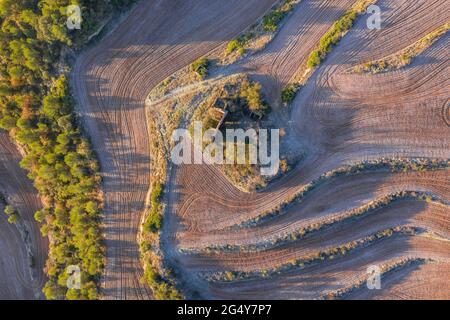 Luftaufnahme einiger Felder mit Frost in Navàs, bei einem Winteraufgang (Bages, Barcelona, Katalonien, Spanien) ESP: Vista aérea de unos campos con escarcha Stockfoto