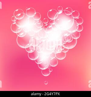 Realistischer Seifenschaum mit Blasen in Herzform. Valentinstag-Symbol. Romantisches seifiges Herz in glänzendem Glanz. Rosa Hintergrund. Stock Vektor