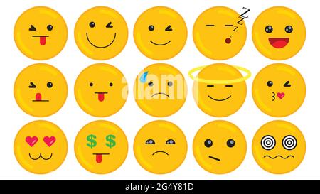 Flaches Design Vektor Emoji Set mit verschiedenen Reaktionen isoliert auf weißem Hintergrund. Kommunikations-Chat-Elemente. Stock Vektor