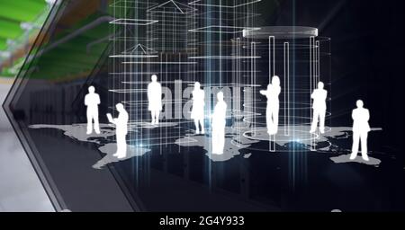 Die Symbole von Geschäftsleuten auf der ganzen Welt stehen vor grauem technischem Hintergrund Stockfoto
