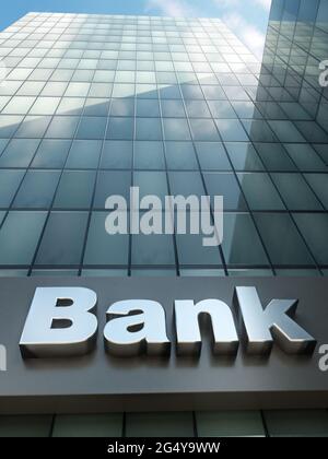 3D-Darstellung der Nahaufnahme des Bankgebäudes mit Glasfassade Stockfoto