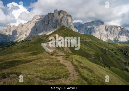 Sella Towers - Torri Del Sella, drei Türme bekannt für Bergsteiger, Dolomiten, Italien. Stockfoto