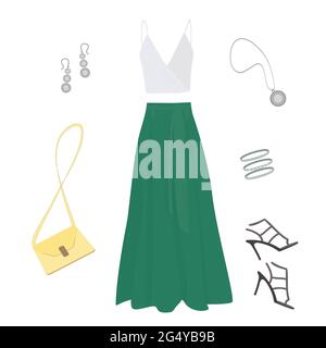 Langer Smaragdrock, weißes Tank-Top, dunkle Stiletto-Sandalen, hellgelbe Damenhandtasche, silberne Ohrringe, drei Armbänder und ein runder Anhänger auf einem Whi Stock Vektor