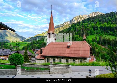 Kirche in Jaun, alpen, Kanton Freiburg, Freiburg bei Bulle, Bern, Thun. Gute touristische Wanderstraße. Schweiz Stockfoto