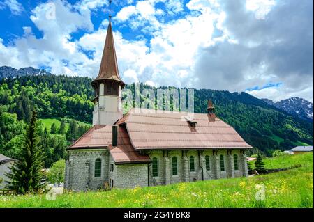 Kirche in Jaun, alpen, Kanton Freiburg, Freiburg bei Bulle, Bern, Thun. Gute touristische Wanderstraße. Schweiz Stockfoto