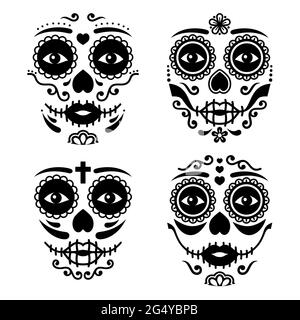 Mexikanisches La Catrina Gesichtsvektordesign, Dia de los Muertos oder Day of the Dead weiblicher Totenschädel in Schwarz und Weiß Stock Vektor