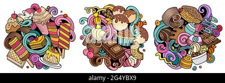 Desserts Cartoon Vektor Doodle Designs Set. Stock Vektor