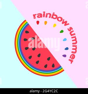 Schriftzug Regenbogen Sommer und eine Hälfte einer rosa Wassermelone mit einer Schale mit Regenbogenblumen und dunklen Samen auf einem rosa-blauen Hintergrund Stock Vektor