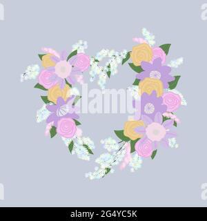 In einem Herzen sind rosa und lila Clematis-Blüten, rosa und gelbe Rosen und Blütenstände von weißen und rosa kleinen Blüten mit grünen Blättern angelegt Stock Vektor