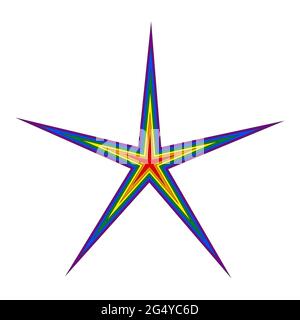 Der fünfzackige Stern ist auf weißem Grund rot, orange, gelb, grün, blau und lila gefärbt. LGBT-Symbolik. Stock Vektor