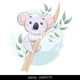 Komische Koala auf Eukalyptusbaum. Niedliche Zeichentrickfigur. Verwendbar für Druck, Babydusche etc. Stock Vektor Illustration Stock Vektor