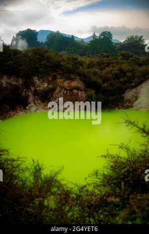 Waiotapu, ebenfalls Dinkel Wai-O-Tapu ist ein aktives geothermisches Gebiet am südlichen Ende des Okataina Volcanic Center, Rotorua, Neuseeland Stockfoto