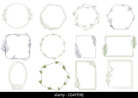 Satz von Frames, Vektor. Rahmen rund, oval, rechteckig und polygonal mit Blumen, Blättern und Blättern. Handzeichnung, botanische Skizze. Minimalistisch und modern Stock Vektor
