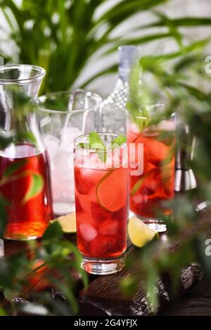 Frische Erdbeeren kombiniert mit frischem Saft und Tequila. Dieser Mojito-Cocktail ist voller lebhafter Aromen von Limette, Beeren und Minze. Genießen Sie Ihren Drink Stockfoto