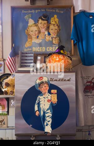 Kuriosen im Seligman Sundries Gift and Coffee Shop an der Route 66, Seligman, Arizona Stockfoto