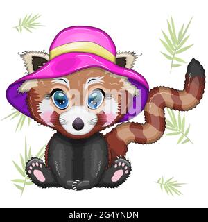Red Panda Mädchen in rosa Sommerhut, Urlaubskonzept. Stock Vektor