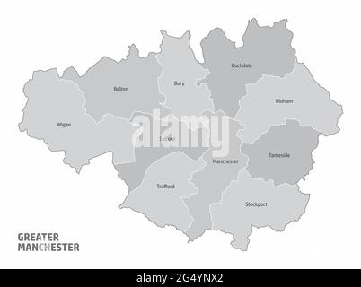 Greater Manchester Verwaltungskarte in Bezirke mit Etiketten, England geteilt Stock Vektor