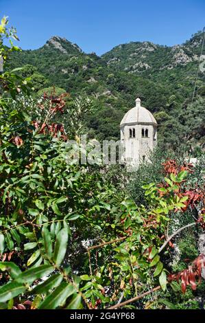 Turm der Abtei von San Fruttuoso, in Camogli, Ligurien, Italien Stockfoto