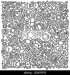 Soziale Medien Doodle Muster quadratische Zusammensetzung. Vektordarstellung wits handgezeichnete Symbole Stock Vektor