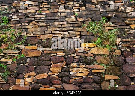 Alte Steinmauer mit Pflanzen, Ouro Preto, Brasilien Stockfoto