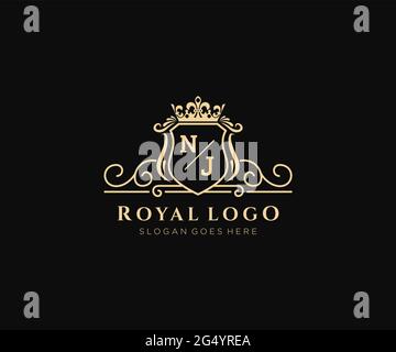 NJ Letter Luxurious Brand Logo Template, für Restaurant, Royalty, Boutique, Cafe, Hotel, Wappentisch, Schmuck, Mode und andere Vektorgrafik. Stock Vektor