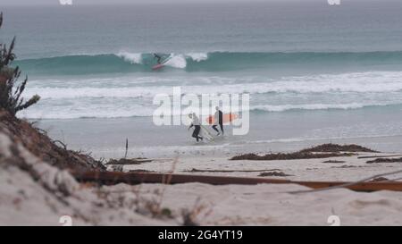 Monterey, Kalifornien USA - 13 Dec 2020: Surfer mit Surfbrettern, Sandstrand. Menschen surfen, neblige Küste im Dunst. Neblig regnerisch grau Herbst oder wi Stockfoto