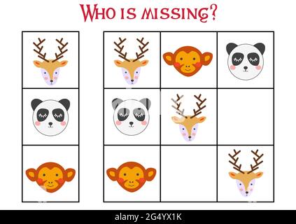Sudoku Spiel für Kinder mit Bildern. Kinder Aktivität Blatt. Niedliche afrikanische Tiere Schnauze Stock Vektor