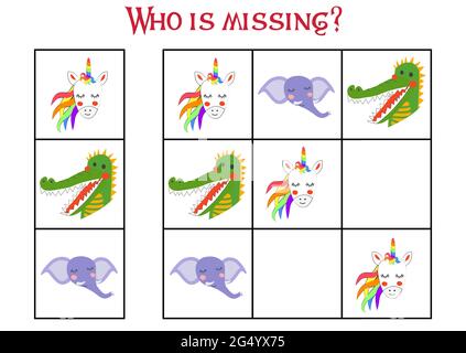 Sudoku Spiel für Kinder mit Bildern. Kinder Aktivität Blatt. Niedliche afrikanische Tiere Schnauze Stock Vektor