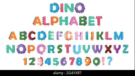 Lustige Comic Dino Alphabet und Zahlen im Cartoon-Stil. Helle moderne Illustration für Kinder, Kinderzimmer, Poster, Karte, Geburtstagsfeier, Verpackungspapier de Stock Vektor