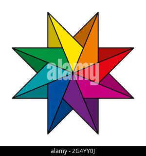 Regenbogenfarbener und pinwheel-förmiger achtspitziger Stern. Geometrische Figur, die den Eindruck der Rotation erzeugen, ähnlich wie Locken eines sich drehenden Rades. Stockfoto