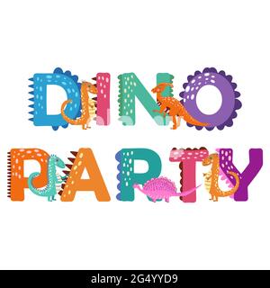 Dino-Party. Dino Geburtstag. Dinosaurier-Schriftzug. Helle moderne Illustration für Kinder, Kinderzimmer, Poster, Karte, Geburtstagsfeier, Verpackungspapierdesign Stock Vektor