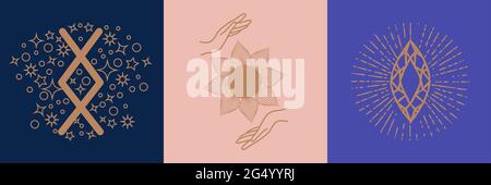 Sammlung von mystischen und geheimnisvollen Objekten, Schädeln, Tieren, Weltraumobjekten, Zauberball, Kristalle, menschliche Hände. Minimalistische Objekte Stock Vektor