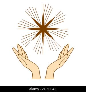 Magische Hände. Boho okkulte magische Hand, Hexe mystisches Symbol, Hexerei handgezeichnete Arme mit Sternen, Mond und Kristall. Magische spirituelle Hexerei, mys Stock Vektor