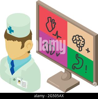 Symbol für medizinische Untersuchung isometrischer Vektor. Arzt in der Nähe des Monitors. Ärztliche Beratung Stock Vektor