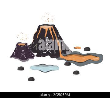 Vulkanausbruch mit heißer Lava. Cartoon Jurassic Landschaft Design-Elemente, Vektor-Illustration Stock Vektor