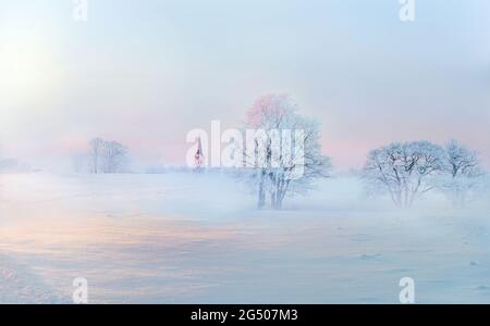 Winterliche sanfte Landschaft mit frostigen Bäumen und eisigen Nebel auf dem ländlichen Gebiet am frühen Morgen Stockfoto