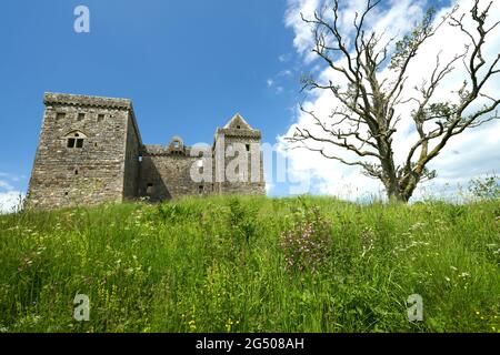 Hermitage Castle eine halbruinierte Burg in der Grenzregion von Schottland. Es steht unter der Obhut des Historic Scotland. Das Schloss hat einen guten Ruf, bot Stockfoto