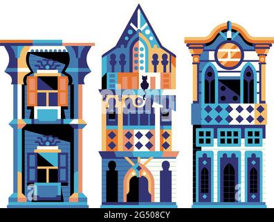 Osmanische Holzhäuser und türkische Herrenhäuser in Flat Stock Vektor
