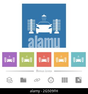 Waschen von Autos flache weiße Symbole in quadratischen Hintergründen. 6 Bonus-Symbole enthalten. Stock Vektor