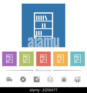 Bücherregal mit Büchern umreißt flache weiße Symbole in quadratischen Hintergründen. 6 Bonus-Symbole enthalten. Stock Vektor