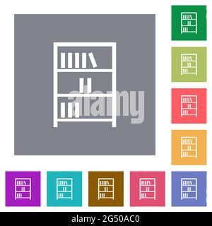 Bücherregal mit Büchern umreißt flache Symbole auf einfachen farbigen quadratischen Hintergründen Stock Vektor