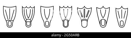 Flippers-Symbol. Satz von linearen Flossen-Symbolen. Vektorgrafik. Flippers Vektorsymbole. Schwarze, lineare Flossen-Symbole Stock Vektor