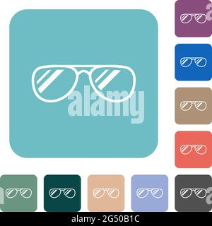 Brille mit Glosses weißen flachen Symbolen auf farbigen abgerundeten quadratischen Hintergründen Stock Vektor
