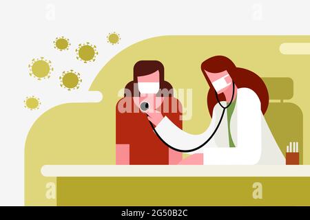 Illustration eines Arztes, der einen Patienten untersucht. Beide tragen eine schützende Gesichtsmaske Stock Vektor