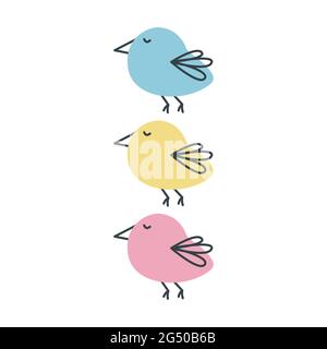 Set von bunten niedlichen Doodle Vögel. Einfache Kinderillustration im Stil der Handziehung. Baby-Print für Kleidung, Aufkleber, Verpackung. Clipart für Logo Stock Vektor