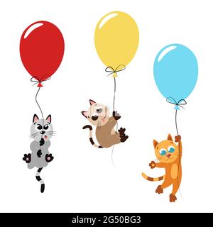Set von niedlichen Kätzchen auf bunten Luftballons. Illustration einer lustigen Katze für Kinderzimmer-Dekor. Sammlung von entzückenden Kinderzeichnungen für Poster Stock Vektor