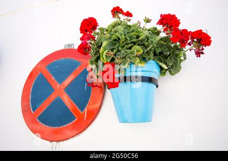 Nahaufnahme eines typischen Blumentopfes mit roten Blumen an der Wand neben einem Straßenverkehrsschild Stockfoto