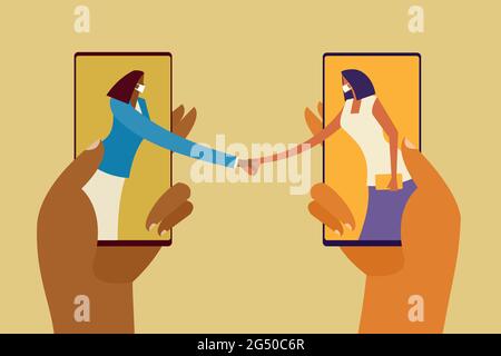 Konzeptuelle Illustration von zwei Personen, die eine Maske tragen und in Mobiltelefonen stehen, die sich die Hände schütteln. Konzept des sozialen Lebens zur Zeit der viralen Pandemie Stock Vektor