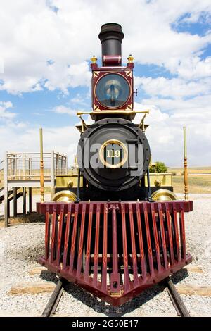 Lokomotive. Antike schwarze Zug in den Vereinigten Staaten. Stockfoto